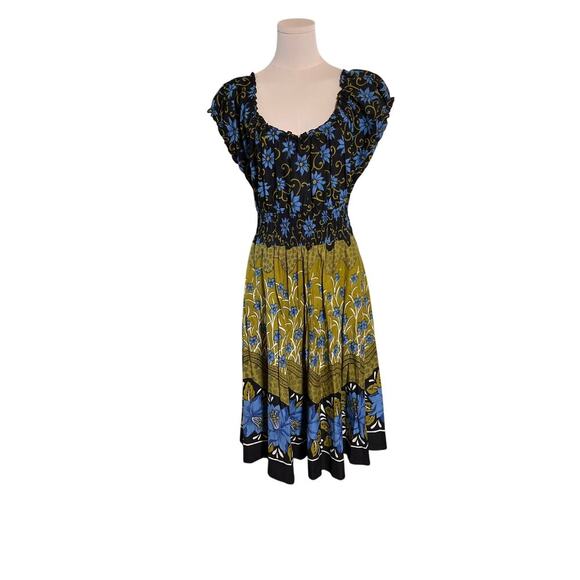 Pretty Pink Women Small Dress Blue Olive Black Cotton  Peasant‎ Boho Vintage - Picture 4 of 14